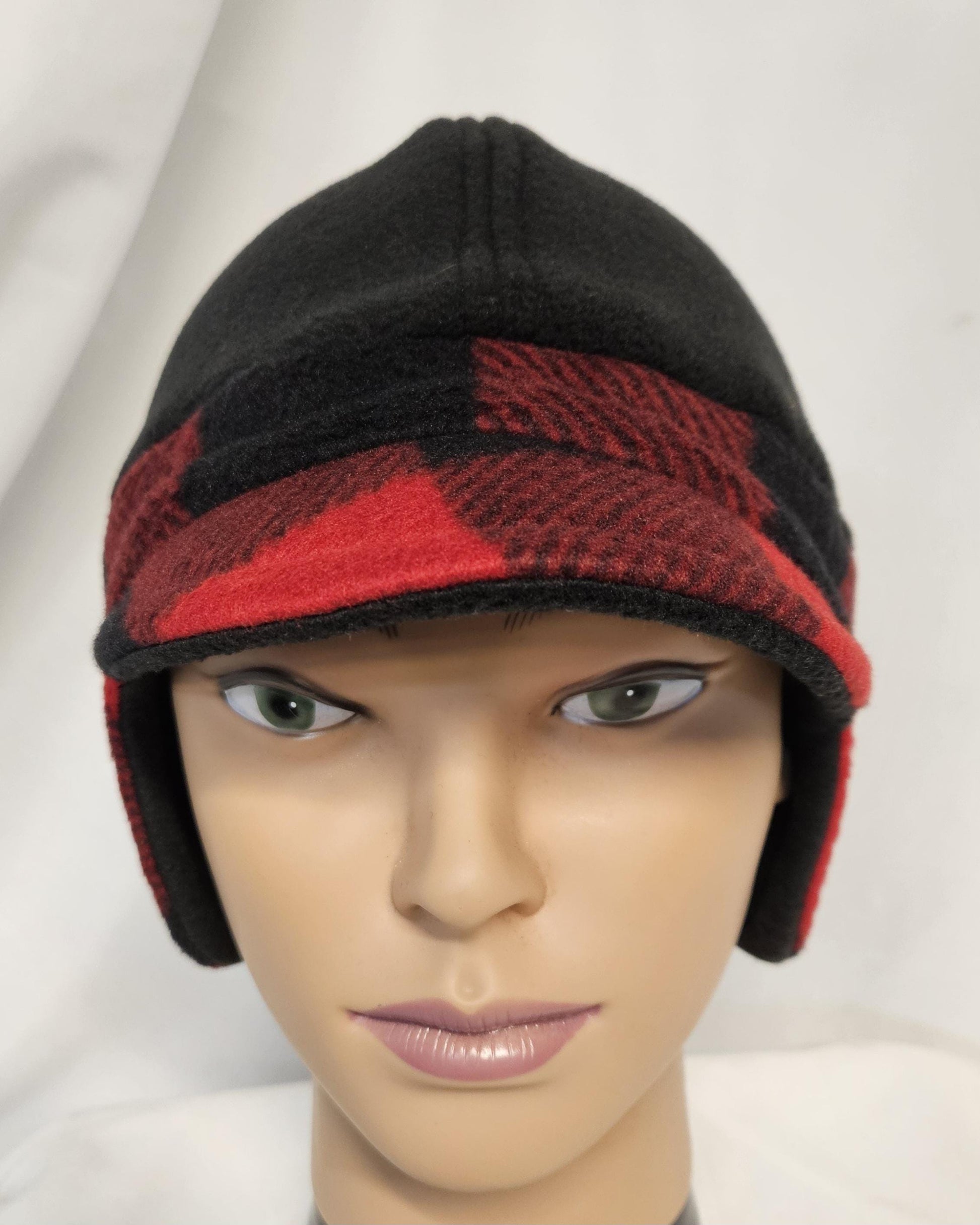Black and Red Buffalo Check Fleece Winter Cap with Visor: Fleece Winter Cap with Visor with ear protection, Medium Size 22.5" circumference