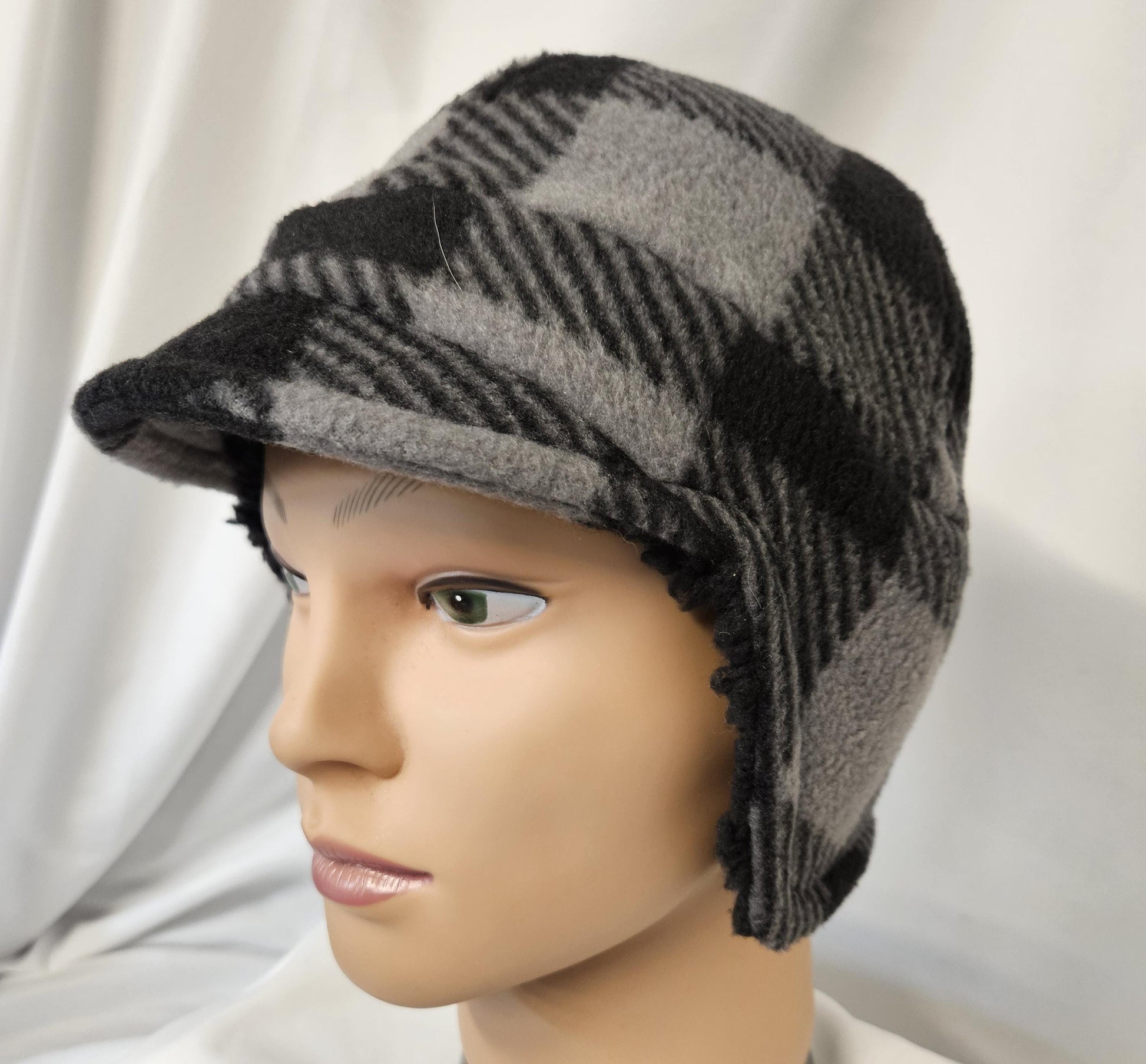 Black and gray check Fleece Winter Cap with Visor: Fleece Winter Cap with Visor, unisex with ear protection, Medium Size 22.5" circumference