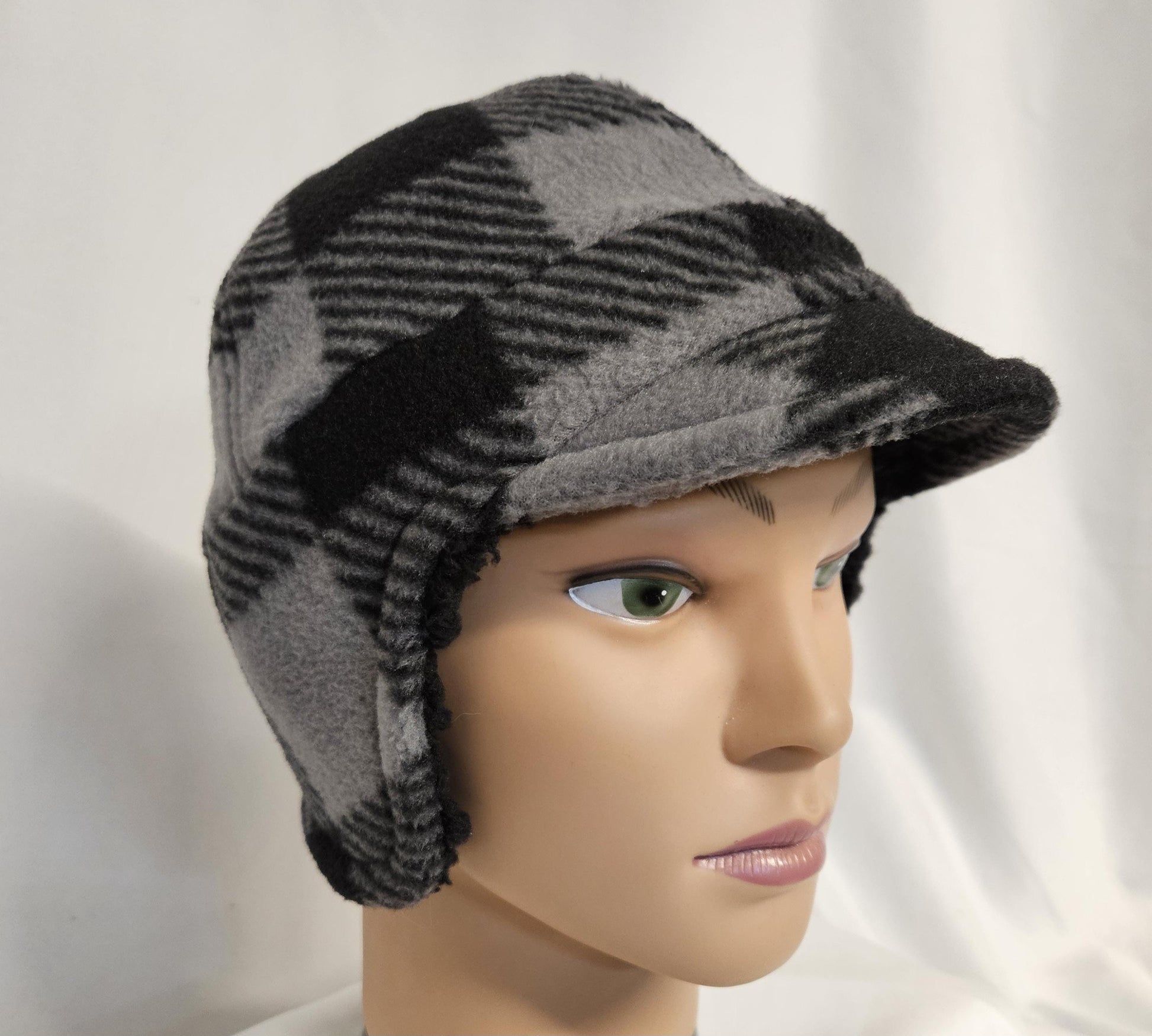 Black and gray check Fleece Winter Cap with Visor: Fleece Winter Cap with Visor, unisex with ear protection, Medium Size 22.5" circumference
