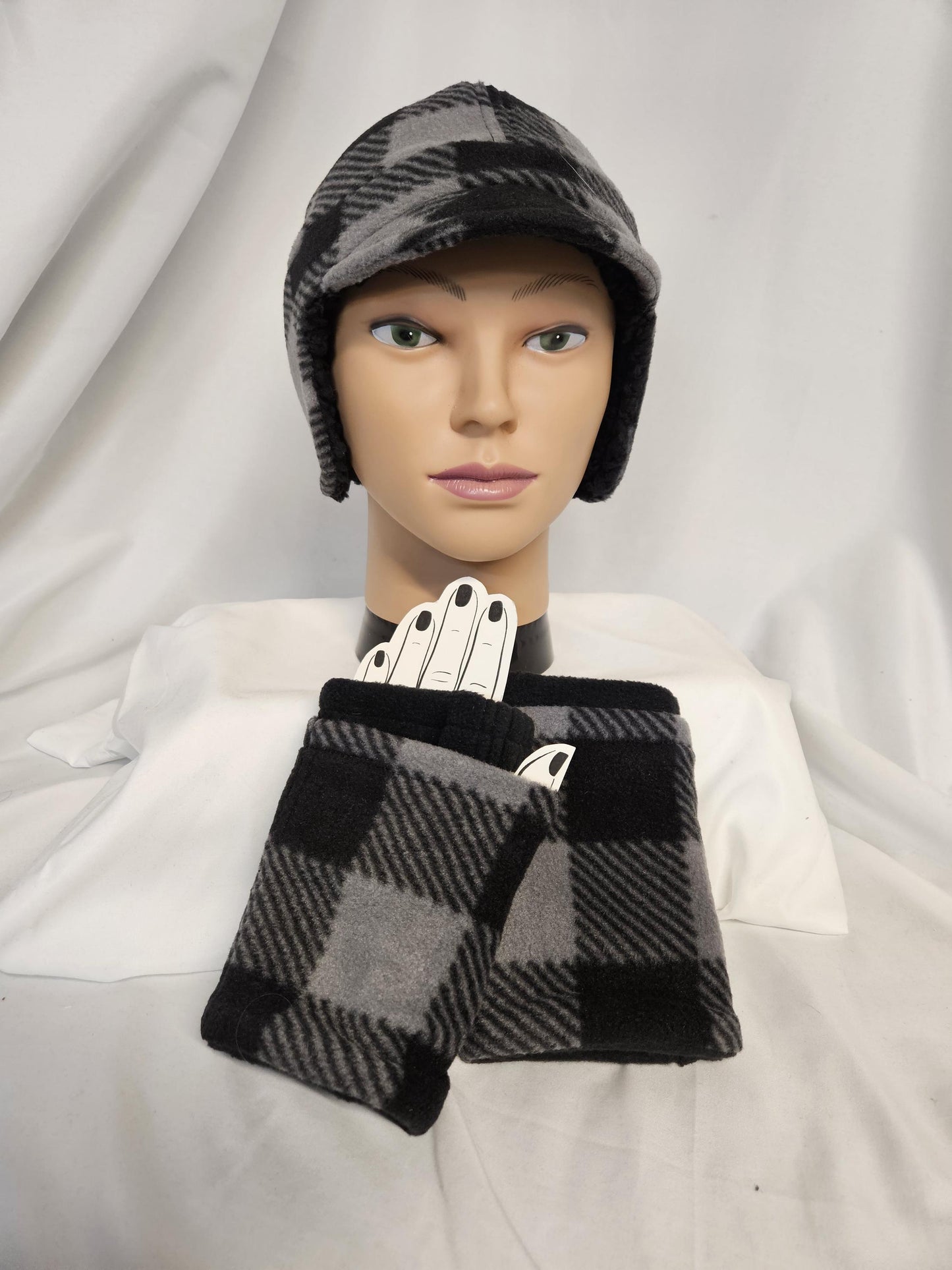 Black and gray check Fleece Winter Cap with Visor: Fleece Winter Cap with Visor, unisex with ear protection, Medium Size 22.5" circumference