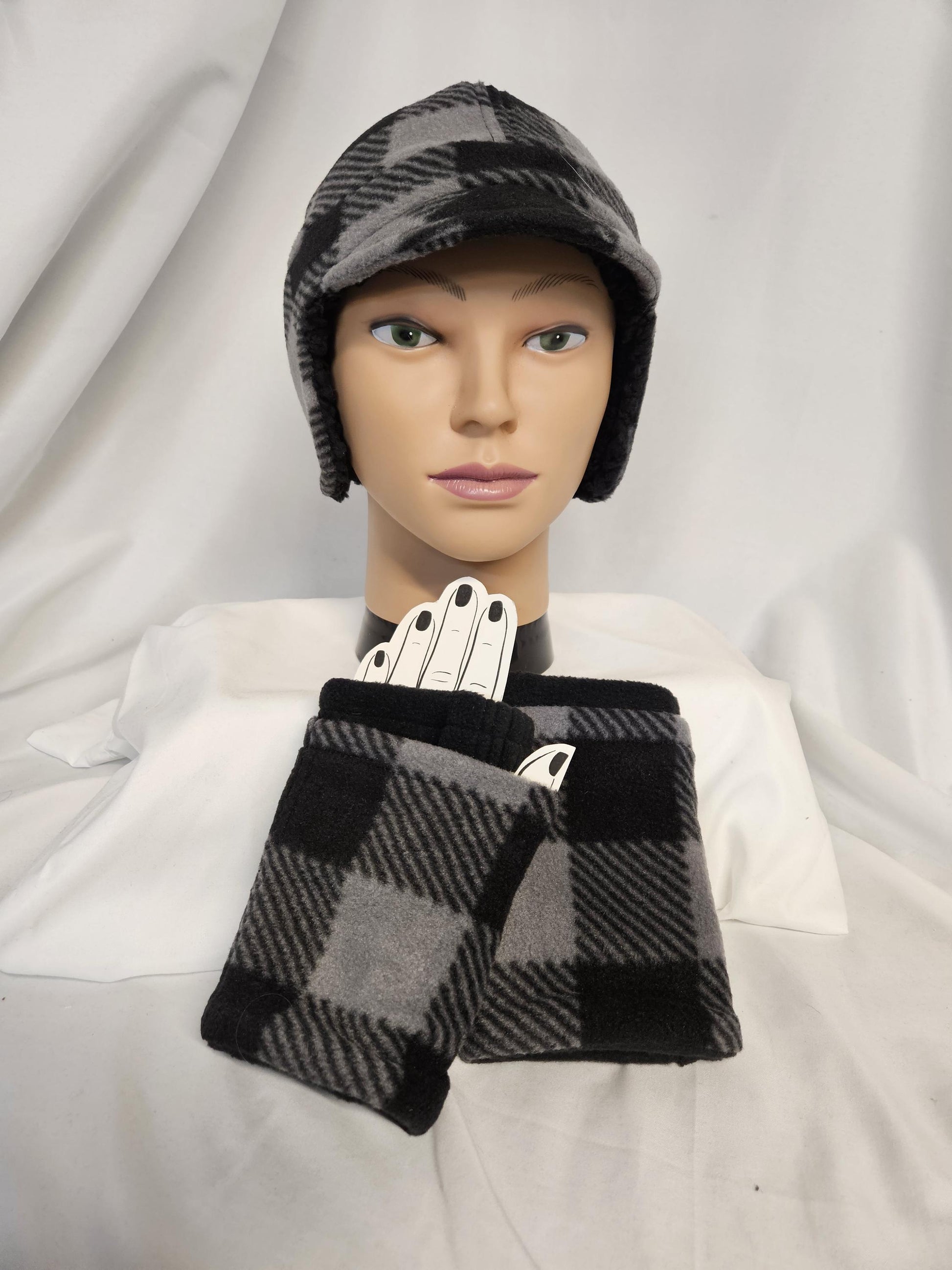 Black and gray check Fleece Winter Cap with Visor: Fleece Winter Cap with Visor, unisex with ear protection, Medium Size 22.5" circumference