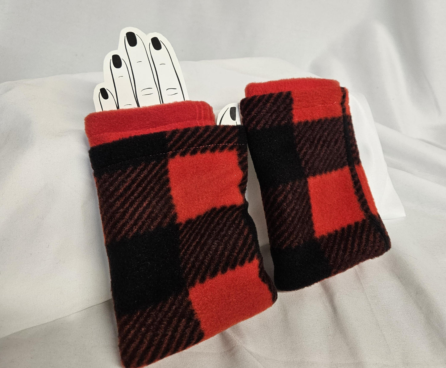 Black and Red Buffalo Check Fleece Fingerless Gloves Winter Warm Half Finger Gloves Half Mitten texting gloves