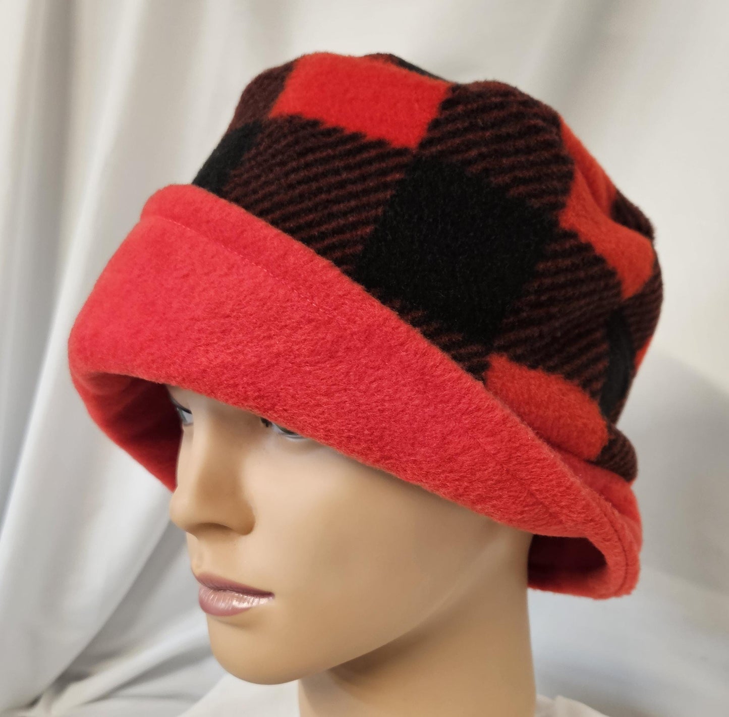 Red and Black Bufflao Check Fleece Winter cloche, Ladies cloche hat, right side flapper hats, Left side flapper hats, vintage winter hat