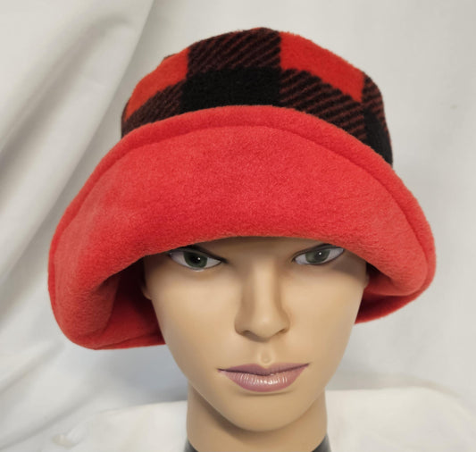 Red and Black Bufflao Check Fleece Winter cloche, Ladies cloche hat, right side flapper hats, Left side flapper hats, vintage winter hat