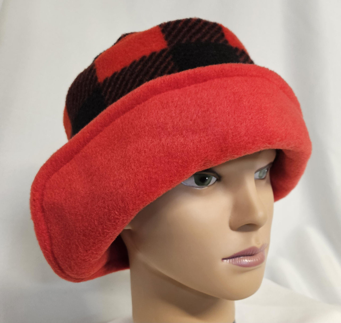 Red and Black Bufflao Check Fleece Winter cloche, Ladies cloche hat, right side flapper hats, Left side flapper hats, vintage winter hat