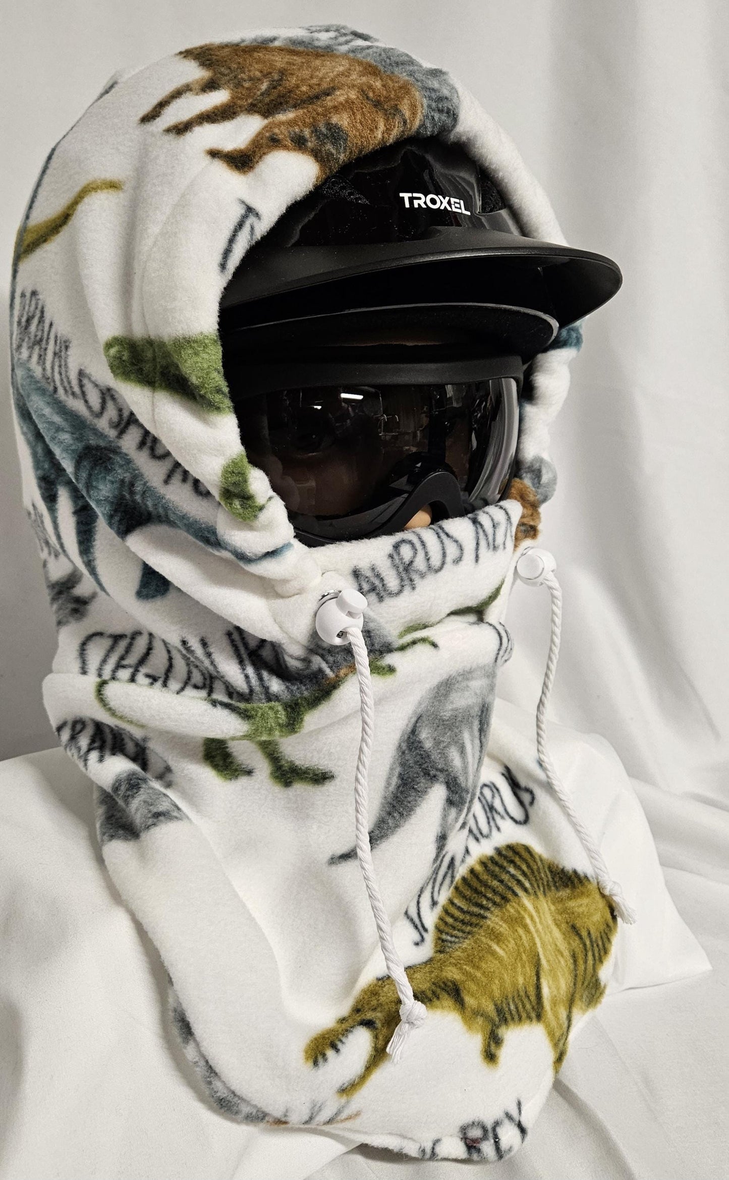 Dino with Words Anti Pill Fleece Large Hoodaclava, Riding Helmet Cover, Hoodie Hat, Ski Mask, 4-in-1 Fleece Hood Cover, Winter Hat, Snood