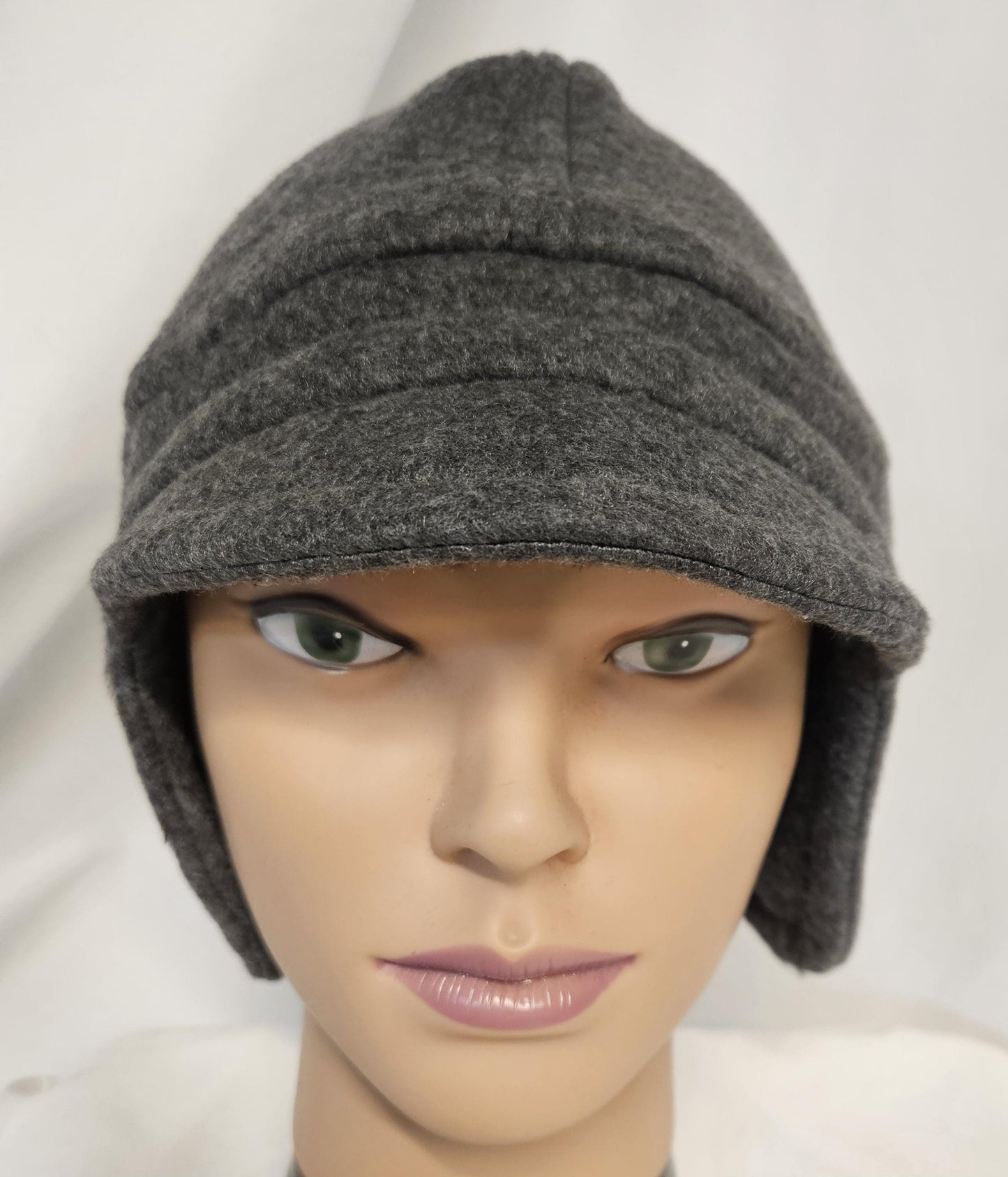 Gray Fleece Winter Cap with Visor: Fleece Winter Cap with Visor, unisex with ear protection, Large Size 23.5" circumference