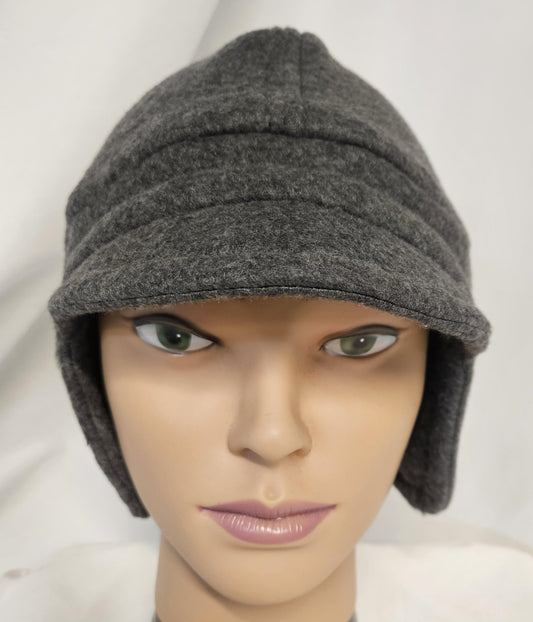 Gray Fleece Winter Cap with Visor: Fleece Winter Cap with Visor, unisex with ear protection, Large Size 23.5" circumference
