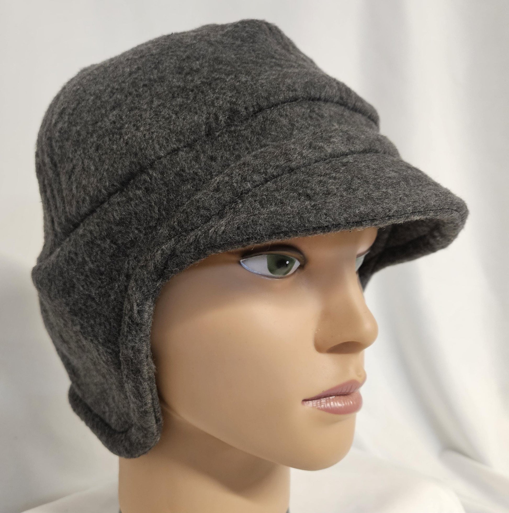 Gray Fleece Winter Cap with Visor: Fleece Winter Cap with Visor, unisex with ear protection, Large Size 23.5" circumference