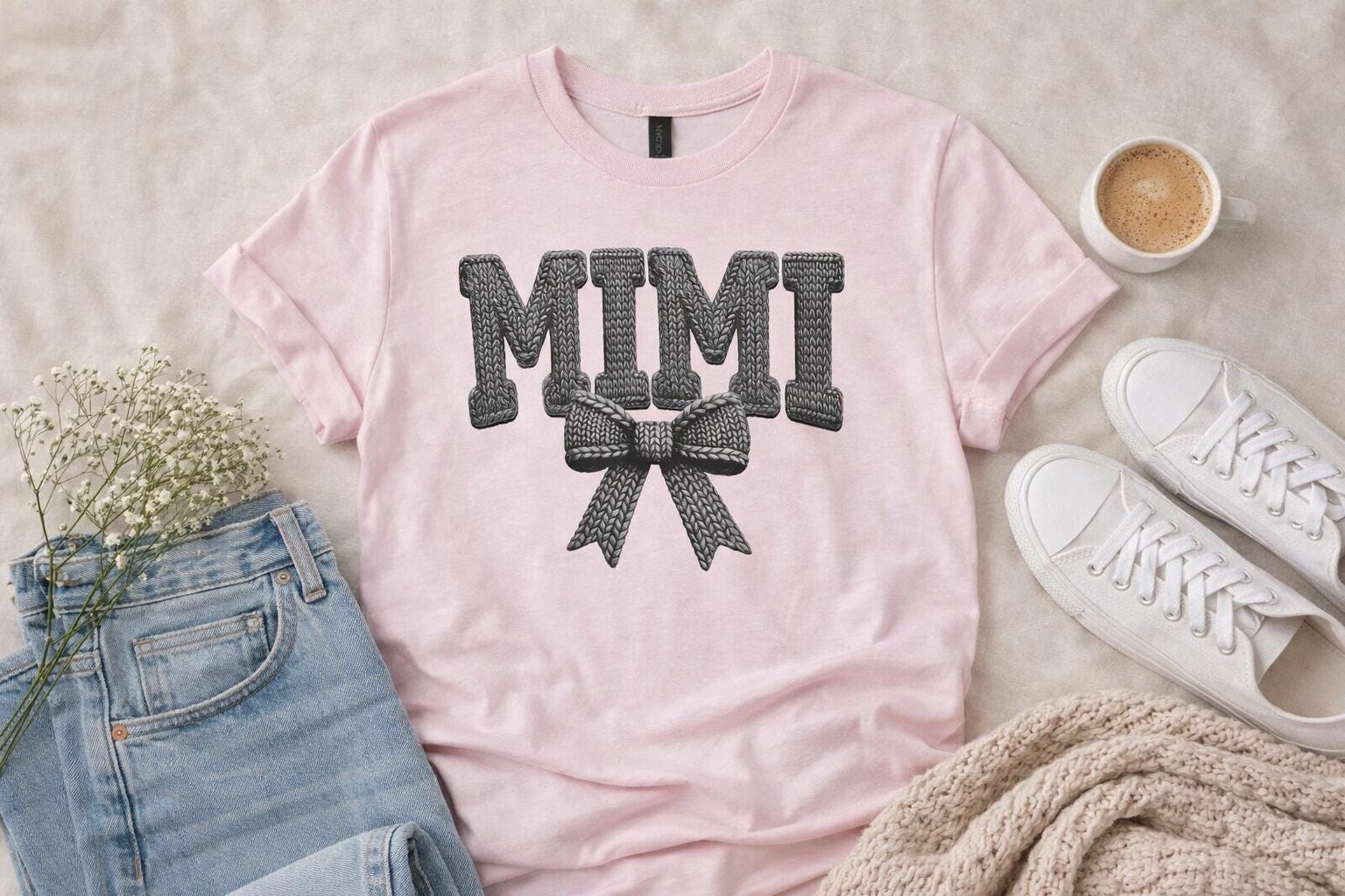 Personalized Grandma Shirt – Nana Mimi Gigi Shirt – Knit Style Grandma Tee – Mother’s Day Gift – Grandma Bow Shirt – Custom Grandma T-Shirt