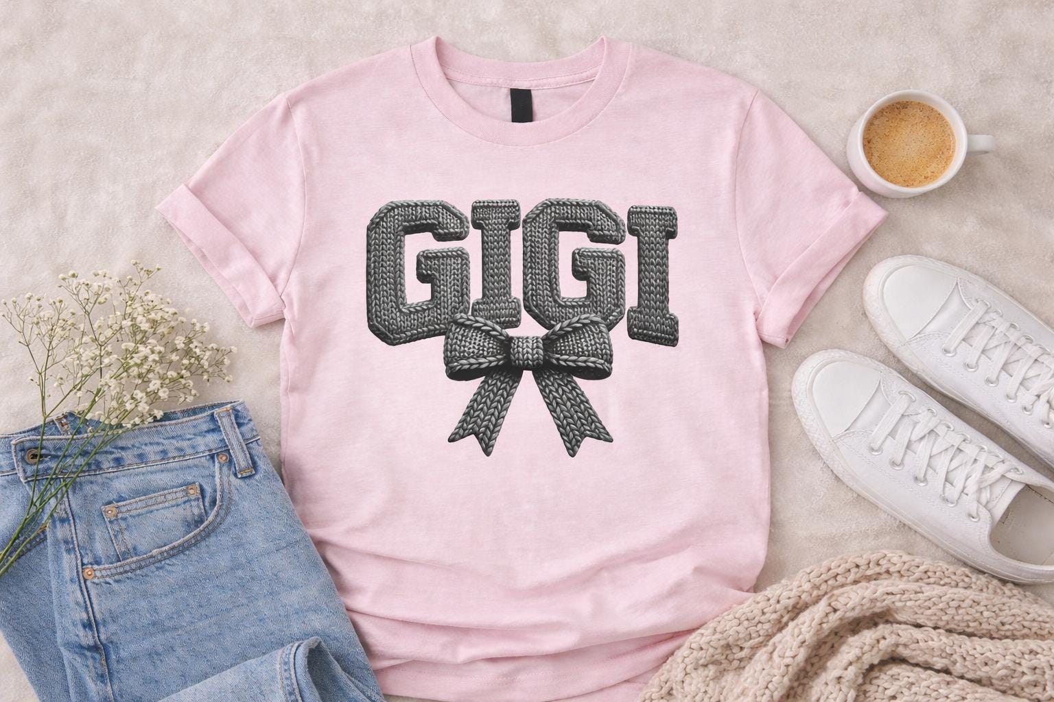 Personalized Grandma Shirt – Nana Mimi Gigi Shirt – Knit Style Grandma Tee – Mother’s Day Gift – Grandma Bow Shirt – Custom Grandma T-Shirt