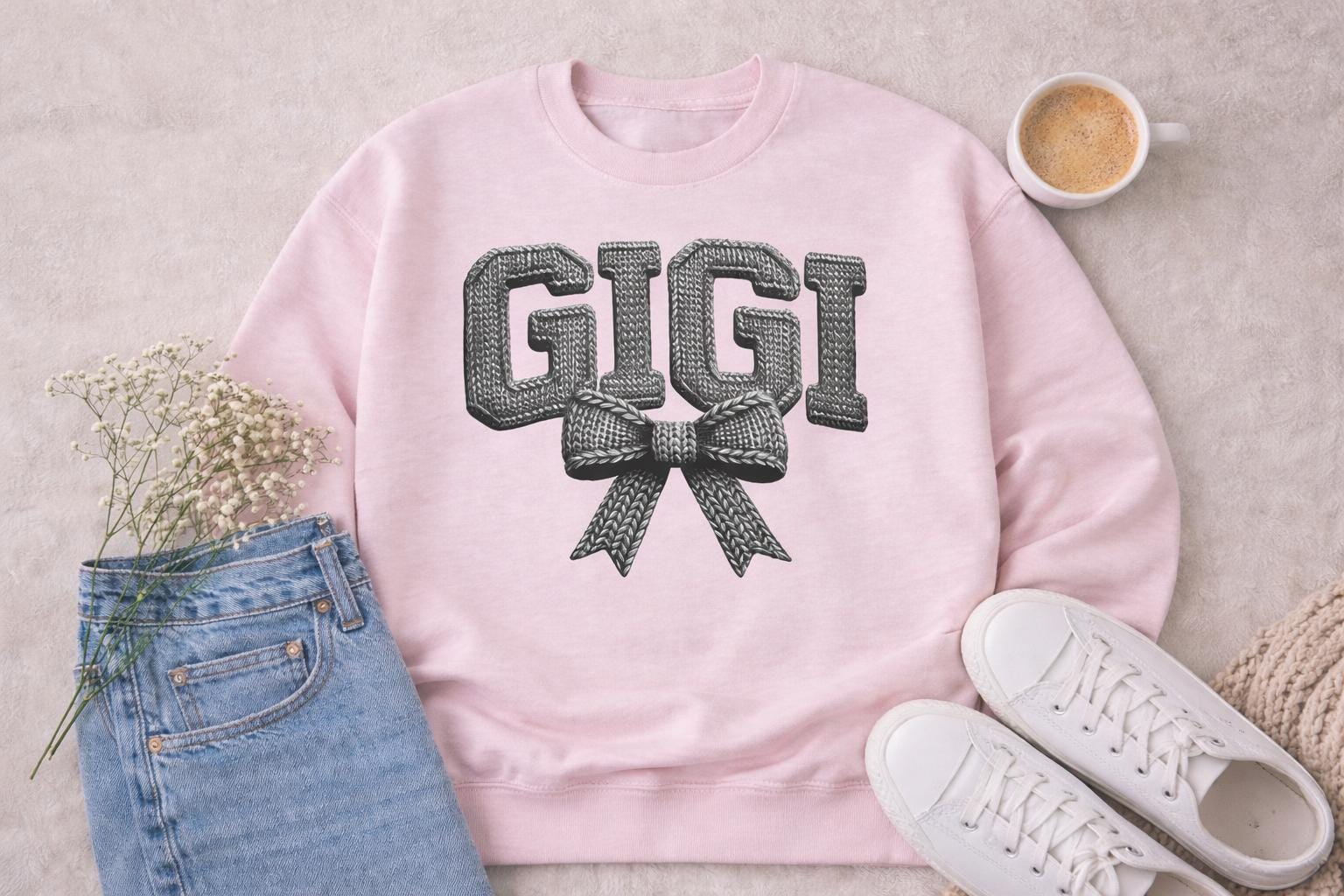 Personalized Grandma Sweatshirt – Nana Mimi Gigi Shirt – Knit Style Grandma Sweatshirt– Mother’s Day Gift – Grandma Bow Sweatshirt