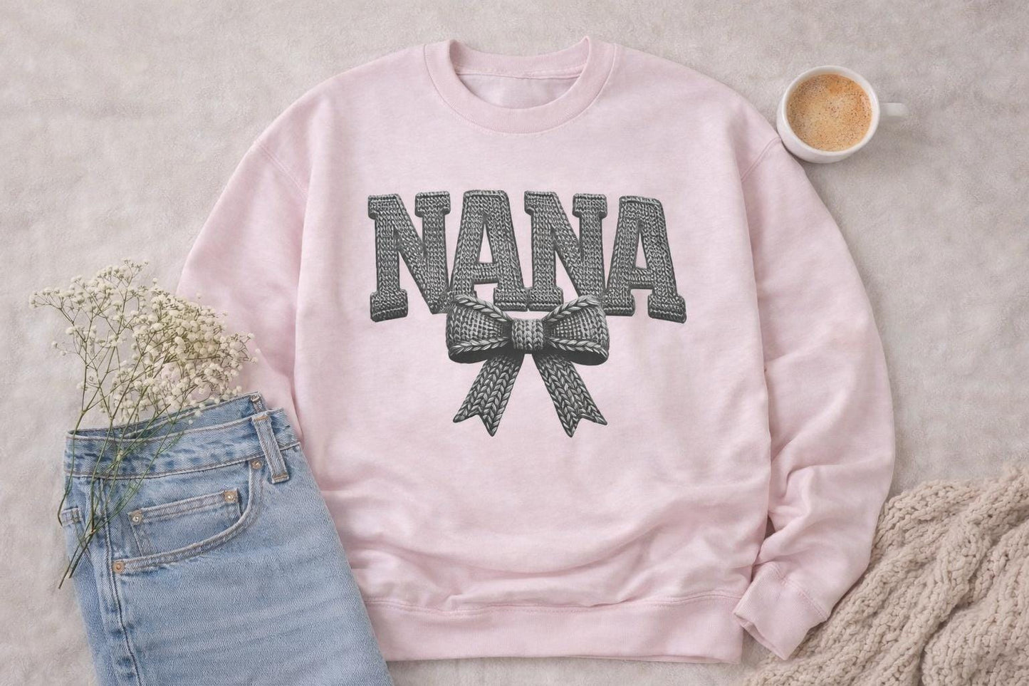 Personalized Grandma Sweatshirt – Nana Mimi Gigi Shirt – Knit Style Grandma Sweatshirt– Mother’s Day Gift – Grandma Bow Sweatshirt