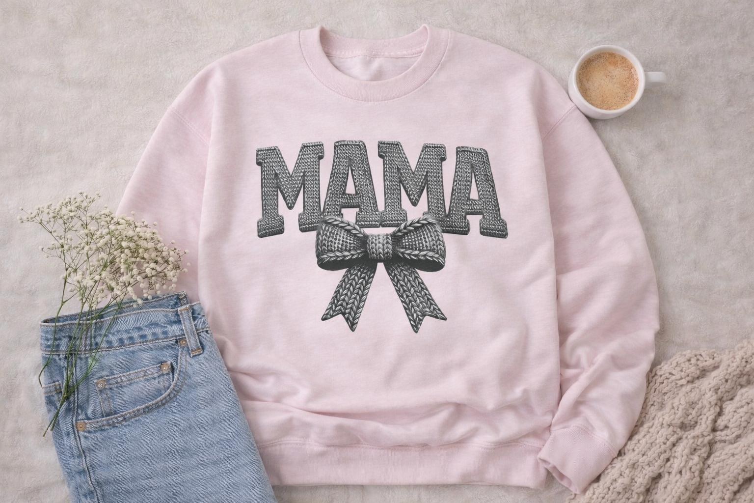 Mama Sweatshirt – Knit Style Mama Sweatshirt with Bow – Mother’s Day Gift – Cozy Mama Crewneck – Faux Knit Mama Pullover – Mom Gift