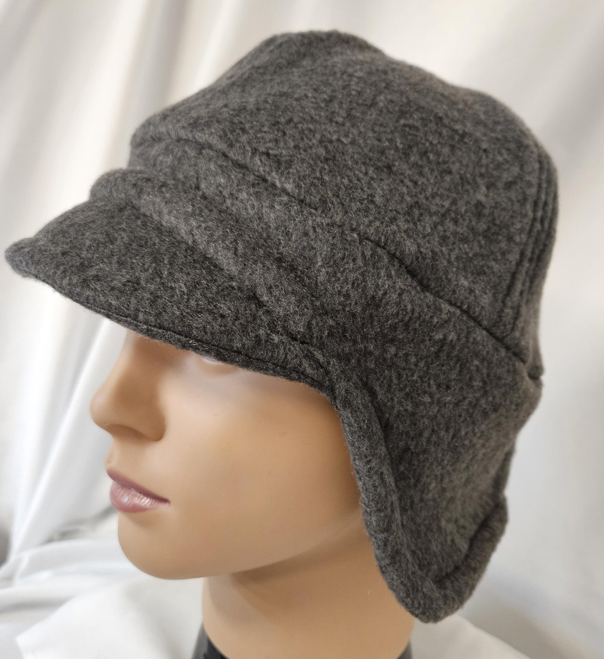Gray Fleece Winter Cap with Visor: Fleece Winter Cap with Visor, unisex with ear protection, Medium Size 22.5" circumference