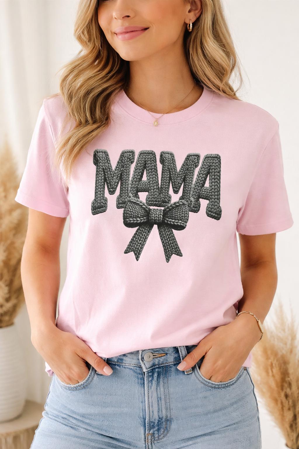 Mama Faux Knit T-Shirt | Light Pink Mama Shirt | Knitted Look Graphic Tee | Mother’s Day Shirt | Cozy Mom Aesthetic Tee