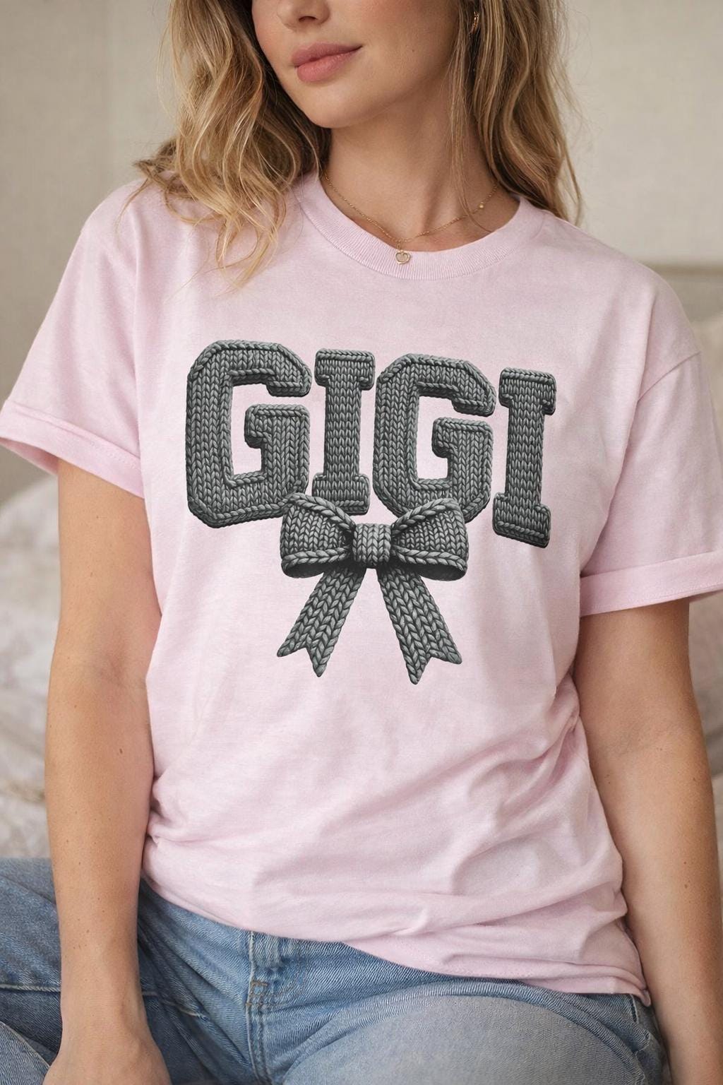 Personalized Grandma Shirt – Nana Mimi Gigi Shirt – Knit Style Grandma Tee – Mother’s Day Gift – Grandma Bow Shirt – Custom Grandma T-Shirt