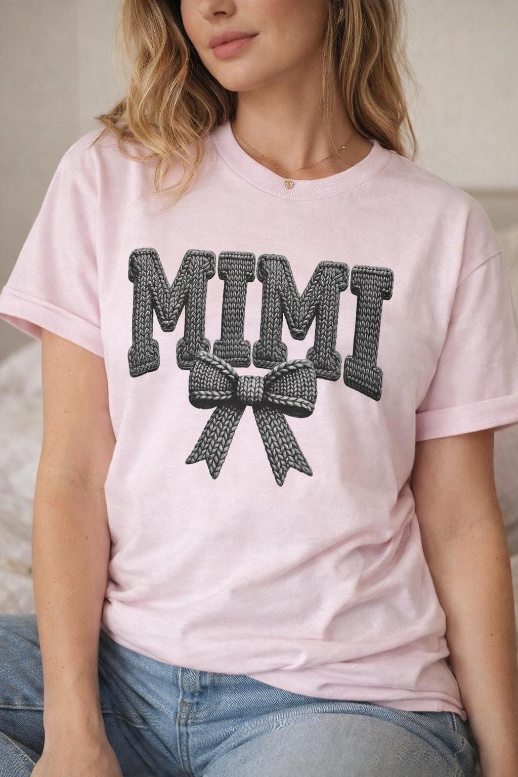 Personalized Grandma Shirt – Nana Mimi Gigi Shirt – Knit Style Grandma Tee – Mother’s Day Gift – Grandma Bow Shirt – Custom Grandma T-Shirt