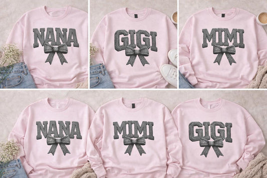 Personalized Grandma Sweatshirt – Nana Mimi Gigi Shirt – Knit Style Grandma Sweatshirt– Mother’s Day Gift – Grandma Bow Sweatshirt