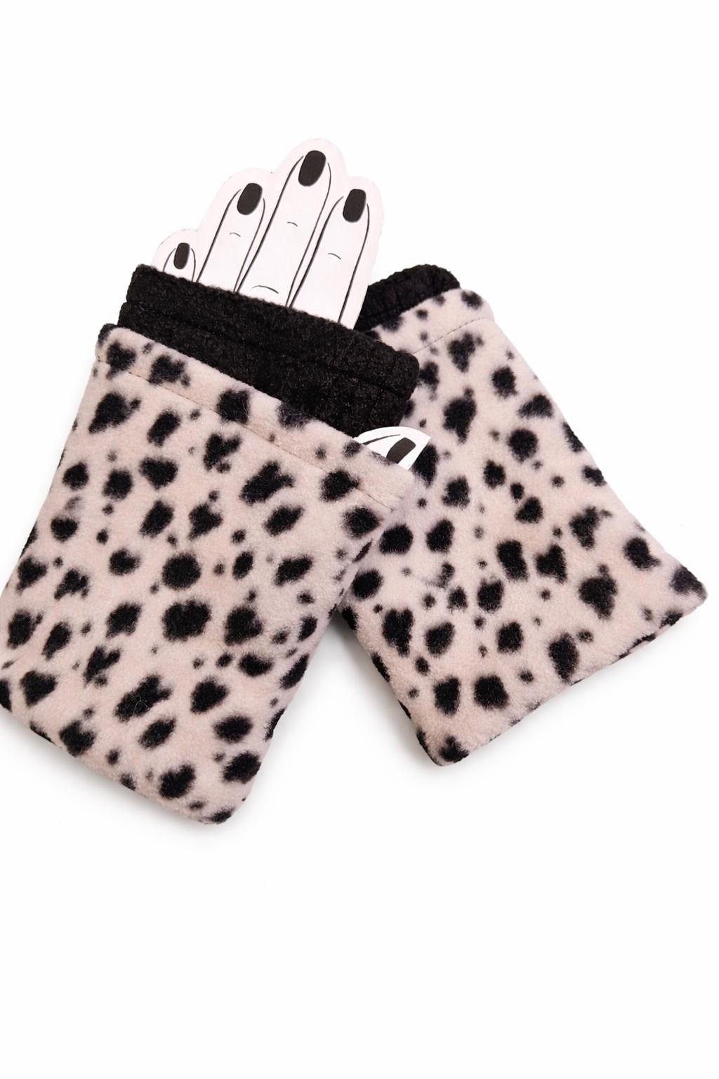 Black Spots Print Fleece Fingerless Gloves