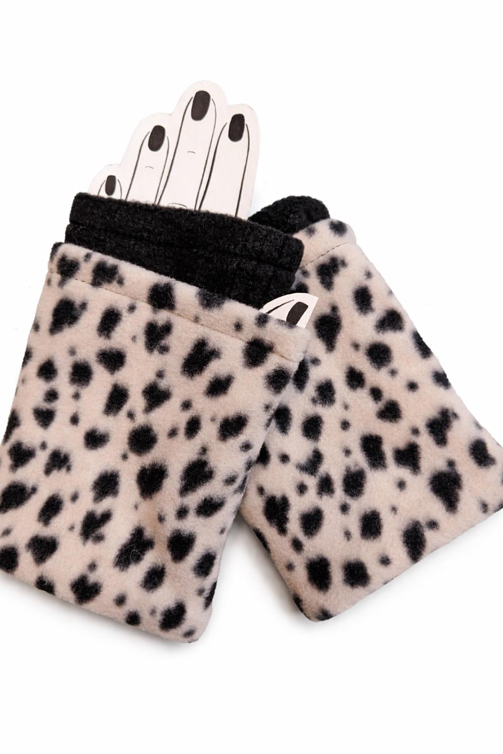 Black Spots Print Fleece Fingerless Gloves