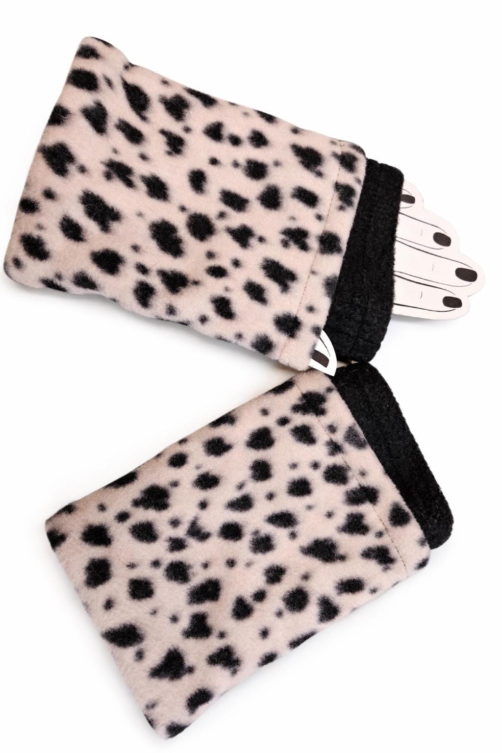 Black Spots Print Fleece Fingerless Gloves