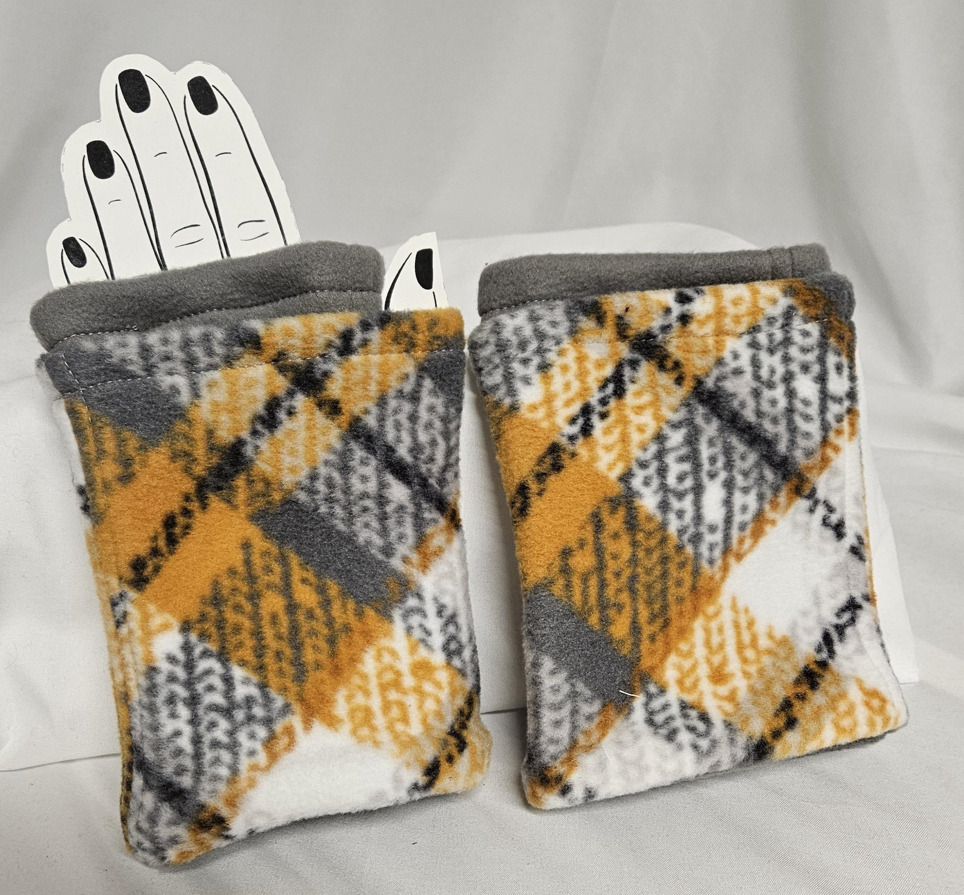 Yellow, White and Gray Tartain Plaid Print Fleece Fingerless Gloves