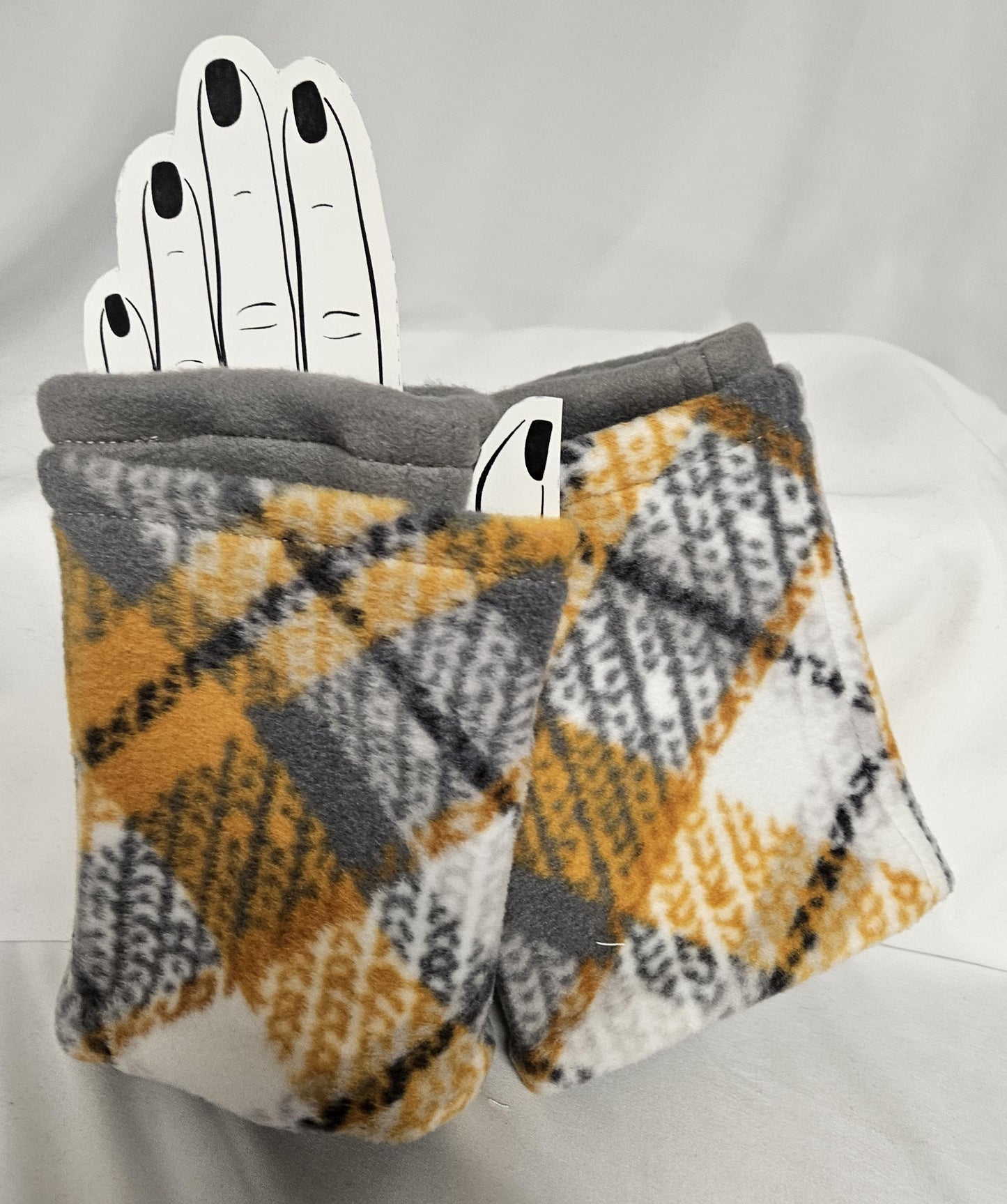 Yellow, White and Gray Tartain Plaid Print Fleece Fingerless Gloves