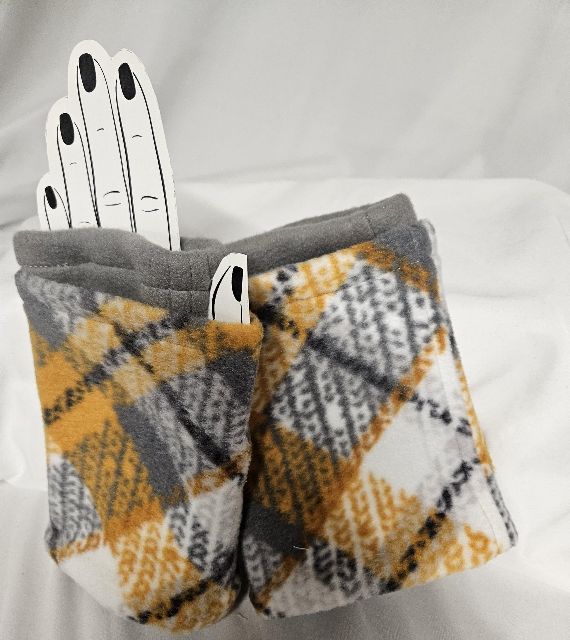 Yellow, White and Gray Tartain Plaid Print Fleece Fingerless Gloves