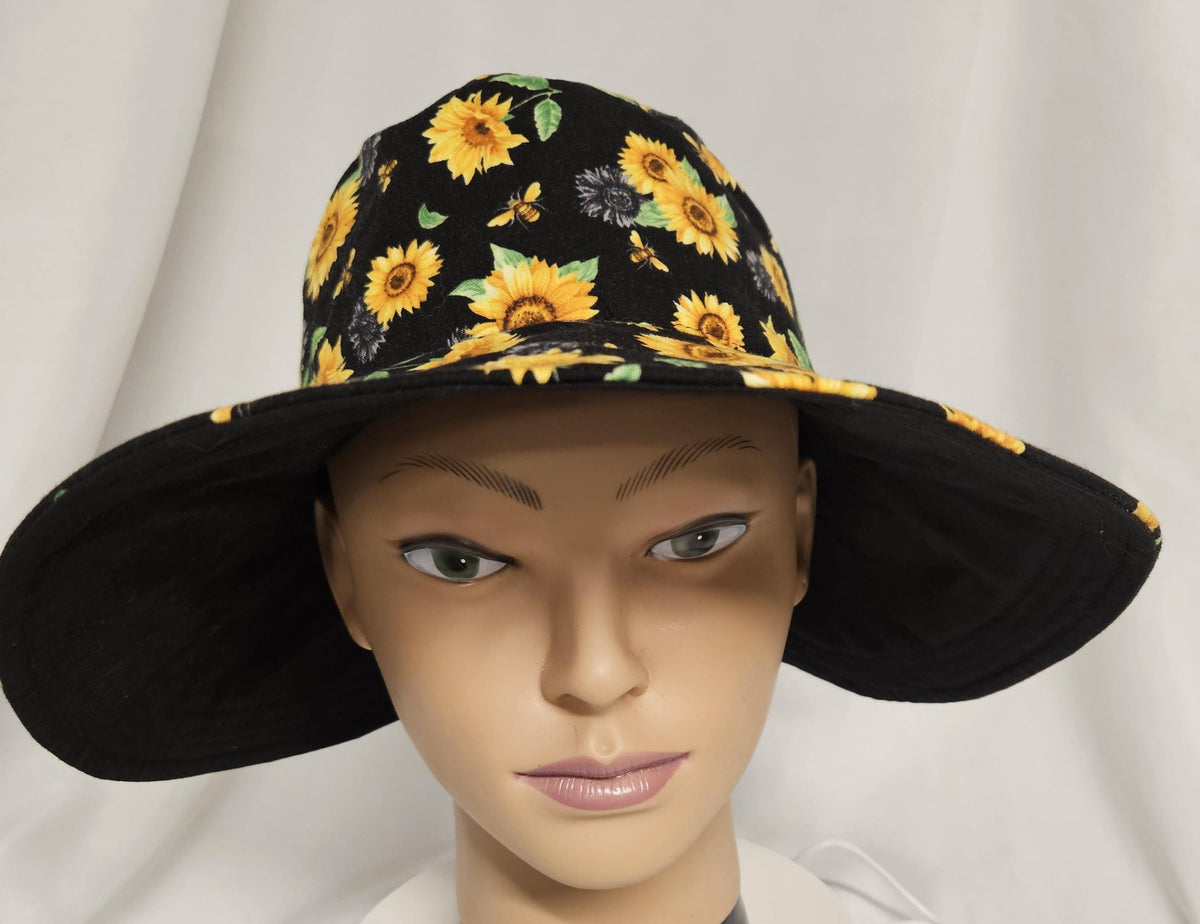 Sunflower Reversible Sun Hat with Bow | Handmade Wide Brim Cotton Garden Hat | Women's Summer Beach Hat | Black Floral Sunhat