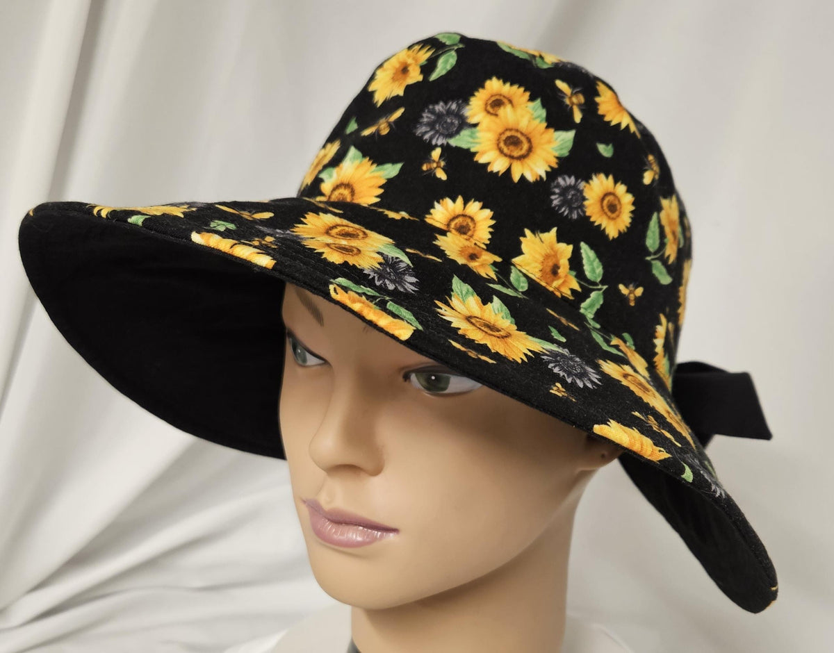 Sunflower Reversible Sun Hat with Bow | Handmade Wide Brim Cotton Garden Hat | Women's Summer Beach Hat | Black Floral Sunhat