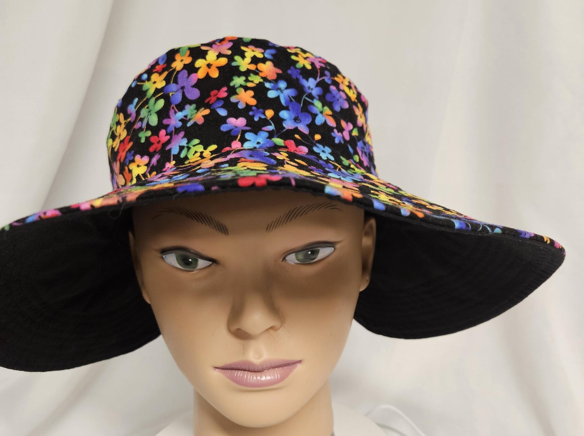 Reversible Floral Sun Hat with Bow | Handmade Wide Brim Cotton Garden Hat | Women's Summer Beach Hat | Colorful Flower Sunhat