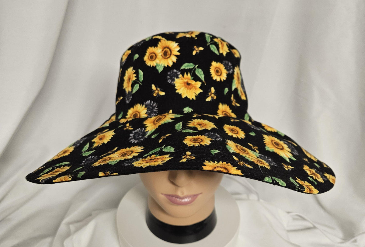 Plus Size Reversible Sunflower Sun Hat with Bow | Handmade Wide Brim Garden Hat | Large Head Size Women's Summer Hat | Fits Up to 25"