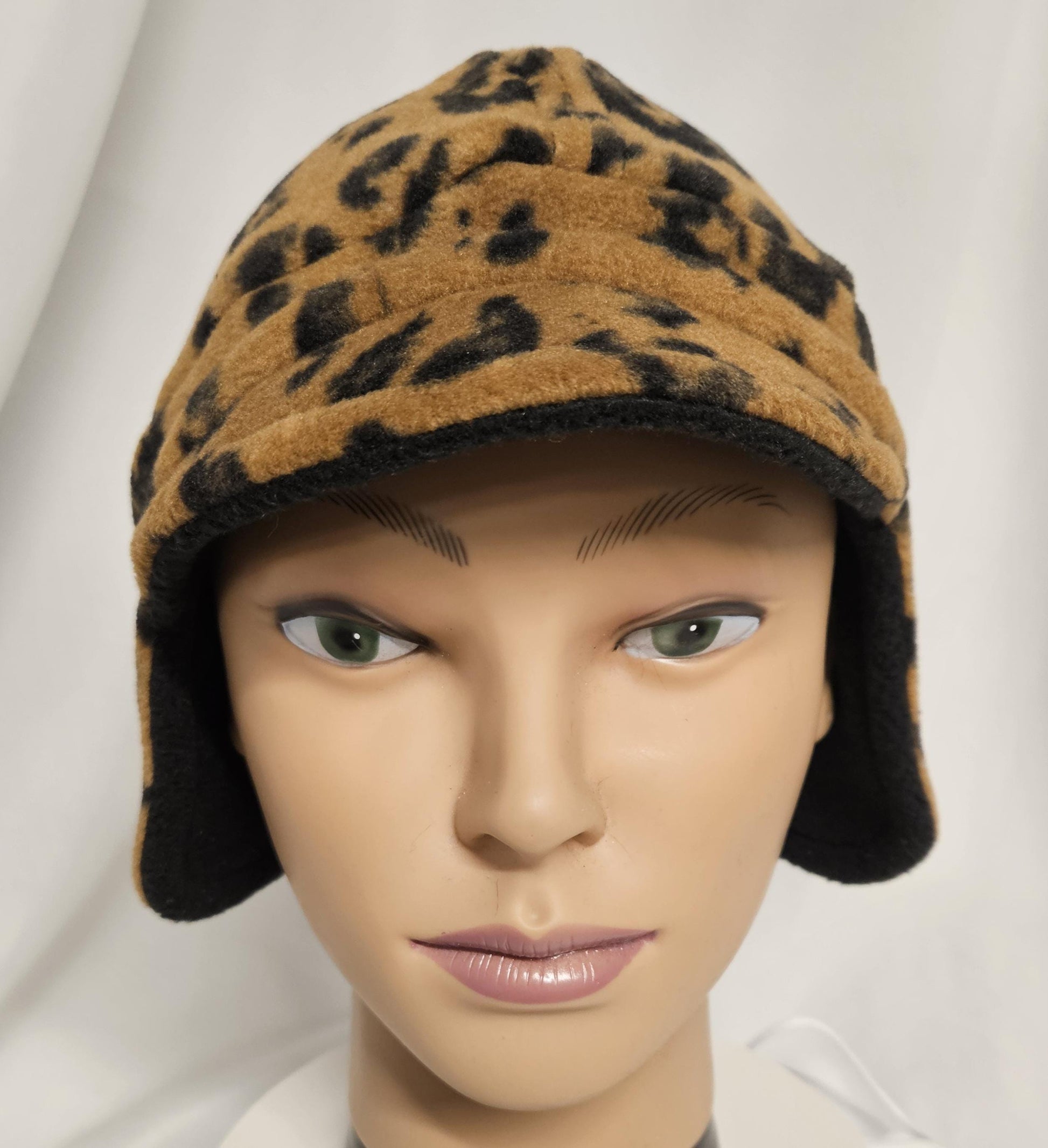 Cheetah print Winter Cap with Visor: Fleece Winter Cap with Visor, unisex with ear protection, Large Size 23.5" circumference