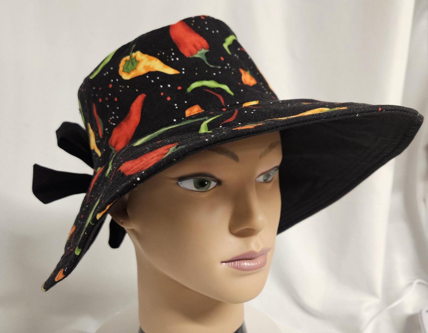 Reversible Chili Pepper Sun Hat with Bow | Handmade Wide Brim Summer Hat | Women's Cotton Sunhat | Festival & Garden Hat