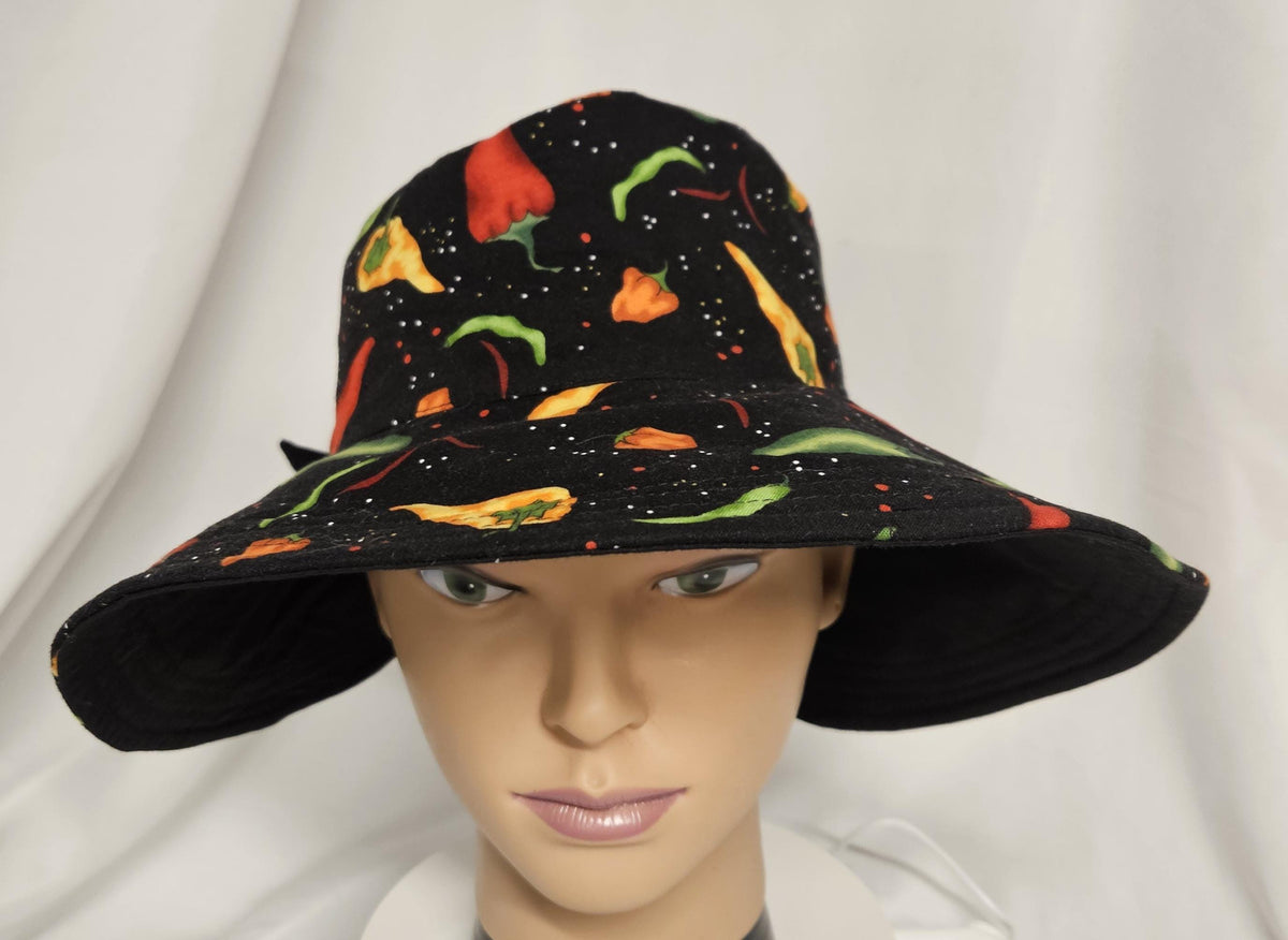 Reversible Chili Pepper Sun Hat with Bow | Handmade Wide Brim Summer Hat | Women's Cotton Sunhat | Festival & Garden Hat