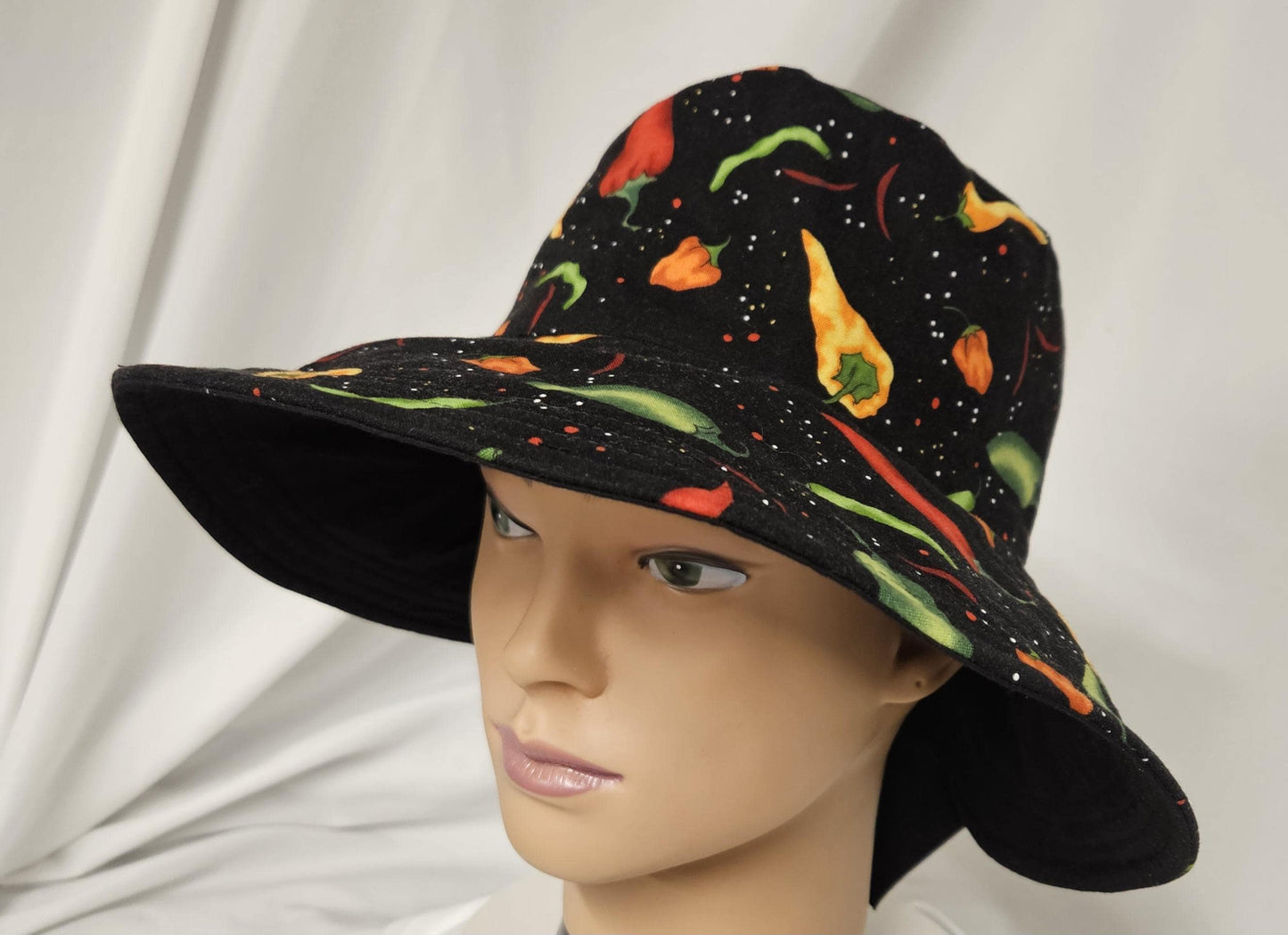 Reversible Chili Pepper Sun Hat with Bow | Handmade Wide Brim Summer Hat | Women's Cotton Sunhat | Festival & Garden Hat