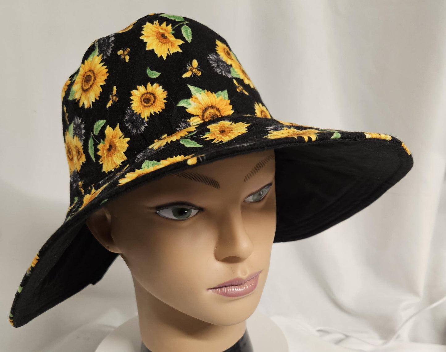 Sunflower Reversible Sun Hat with Bow | Handmade Wide Brim Cotton Garden Hat | Women's Summer Beach Hat | Black Floral Sunhat