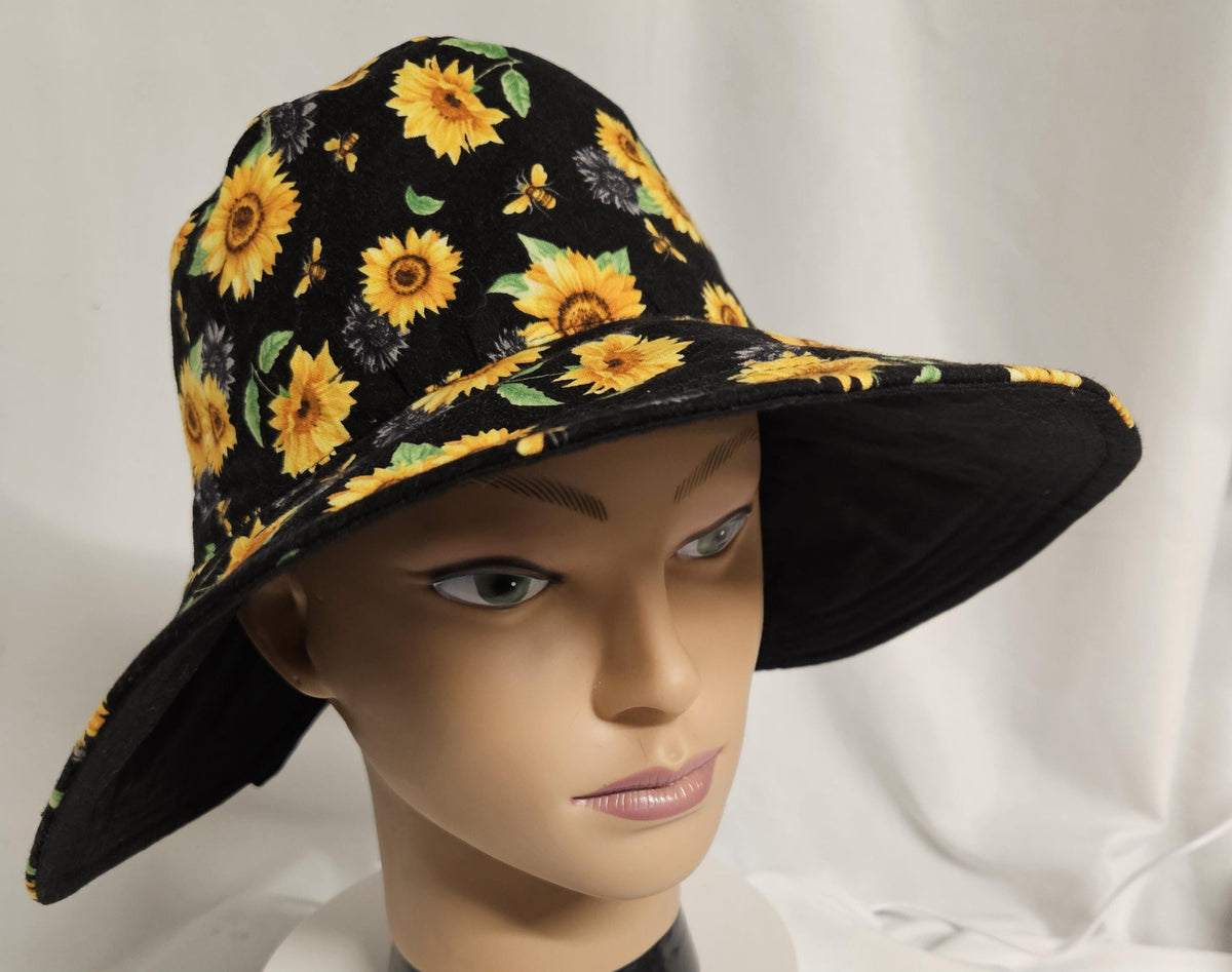 Sunflower Reversible Sun Hat with Bow | Handmade Wide Brim Cotton Garden Hat | Women's Summer Beach Hat | Black Floral Sunhat