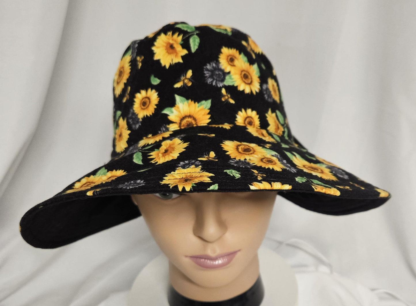 Sunflower Reversible Sun Hat with Bow | Handmade Wide Brim Cotton Garden Hat | Women's Summer Beach Hat | Black Floral Sunhat