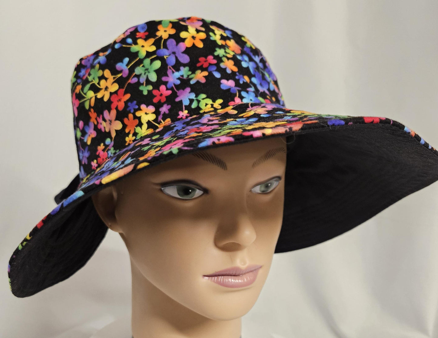 Reversible Floral Sun Hat with Bow | Handmade Wide Brim Cotton Garden Hat | Women's Summer Beach Hat | Colorful Flower Sunhat