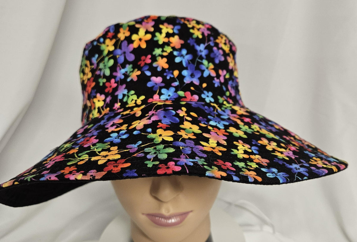 Reversible Floral Sun Hat with Bow | Handmade Wide Brim Cotton Garden Hat | Women's Summer Beach Hat | Colorful Flower Sunhat