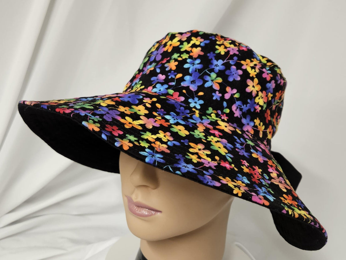 Reversible Floral Sun Hat with Bow | Handmade Wide Brim Cotton Garden Hat | Women's Summer Beach Hat | Colorful Flower Sunhat