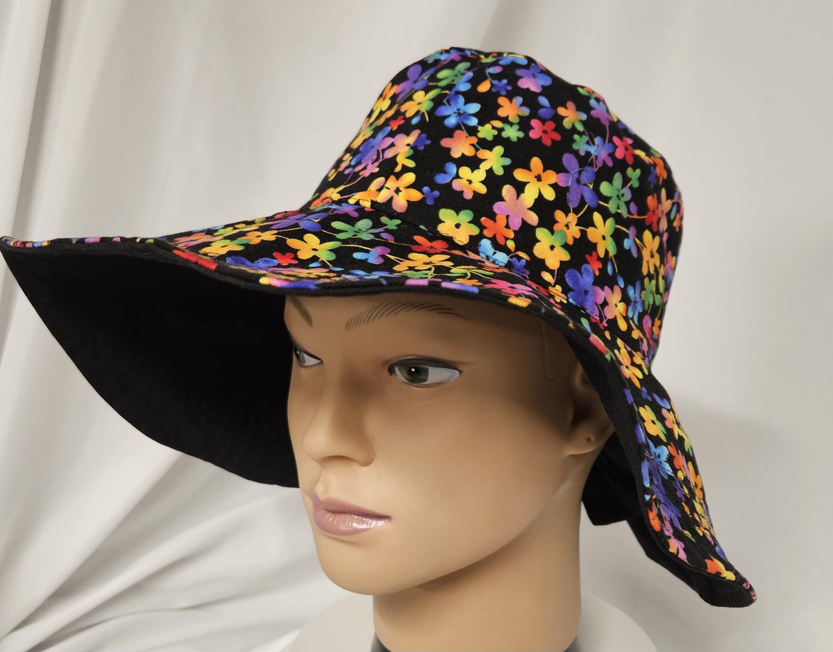 Reversible Floppy Floral Sun Hat with Bow | Handmade Wide Brim Cotton Garden Hat | Women's Summer Beach Hat | Colorful Flower Sunhat