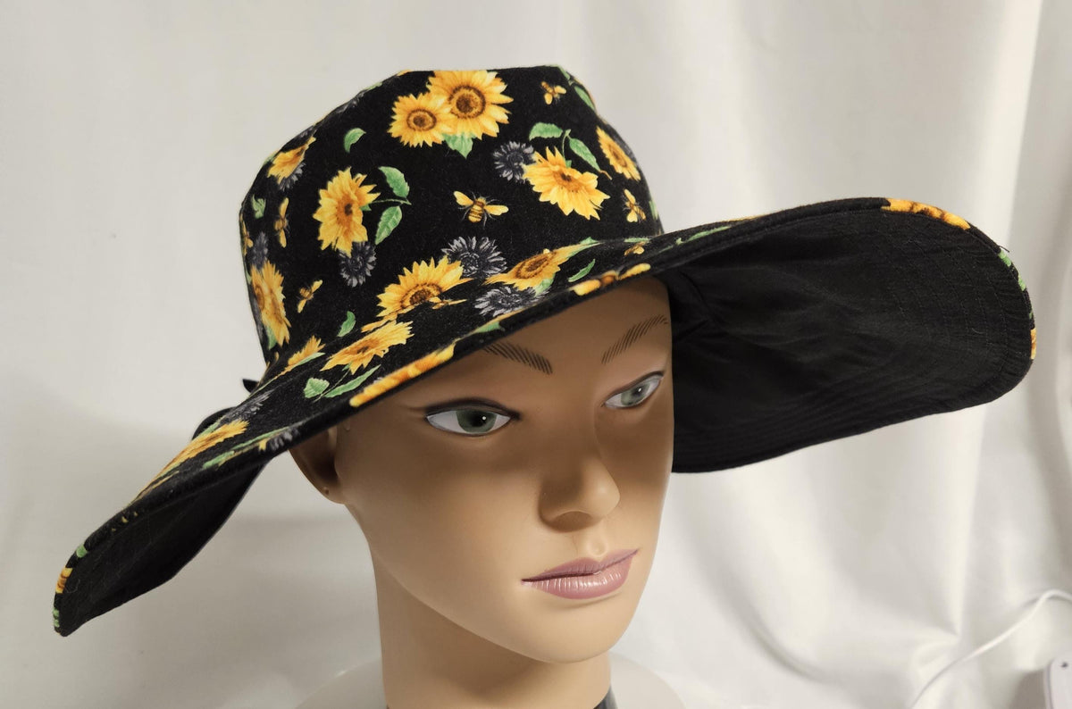 Plus Size Reversible Sunflower Sun Hat with Bow | Handmade Wide Brim Garden Hat | Large Head Size Women's Summer Hat | Fits Up to 25"
