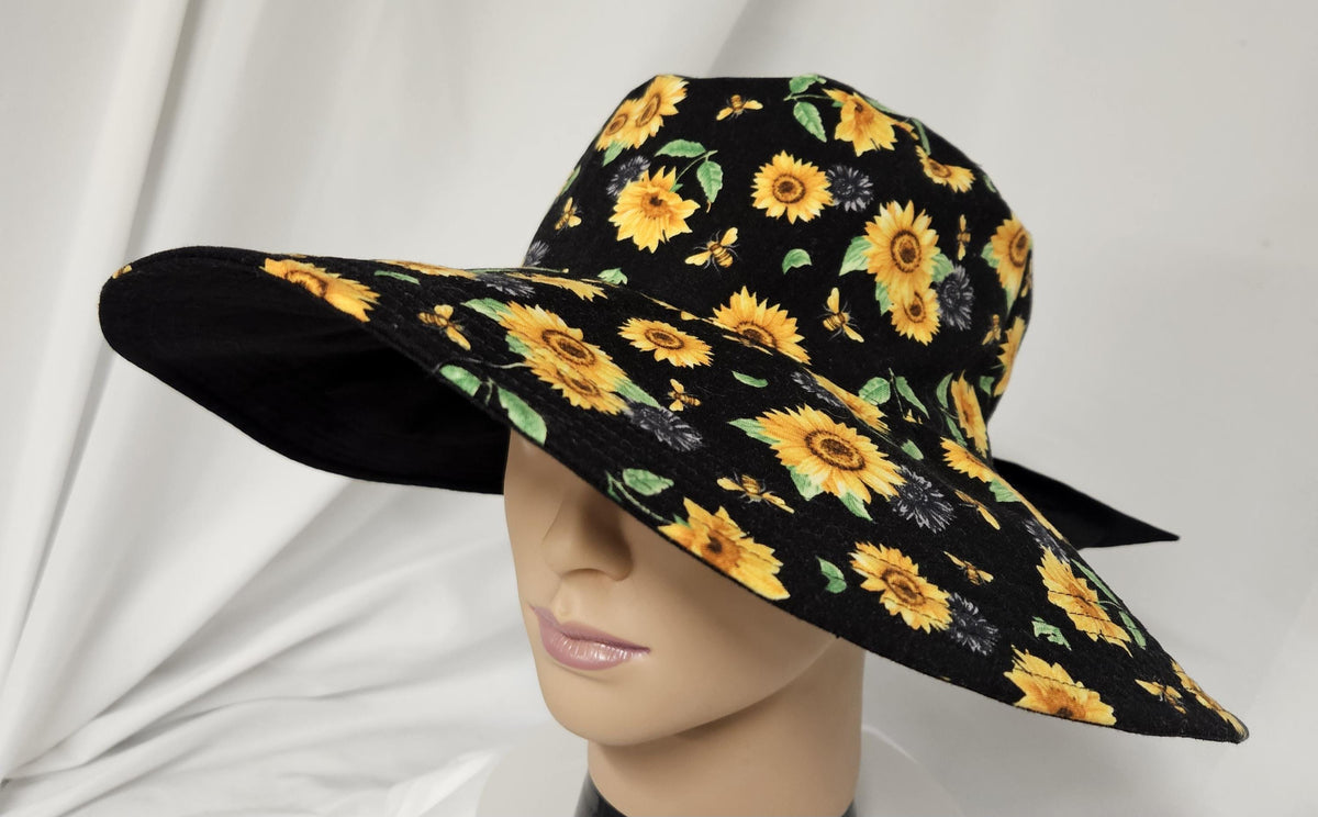 Plus Size Reversible Sunflower Sun Hat with Bow | Handmade Wide Brim Garden Hat | Large Head Size Women's Summer Hat | Fits Up to 25"