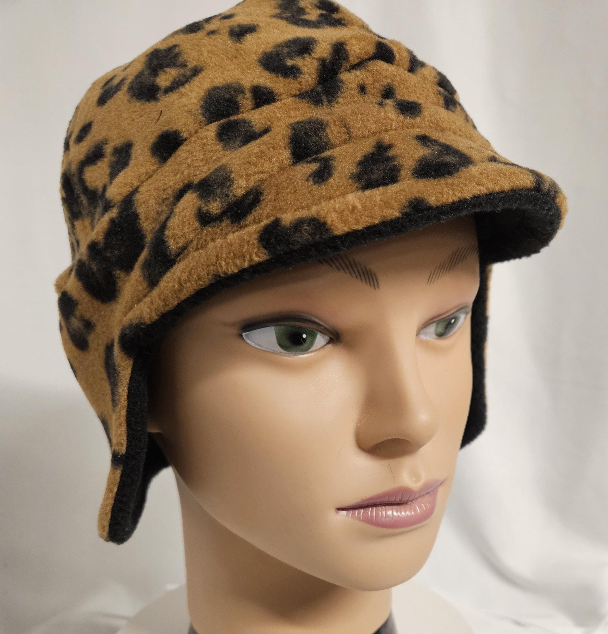 Cheetah print Winter Cap with Visor: Fleece Winter Cap with Visor, unisex with ear protection, Large Size 23.5" circumference