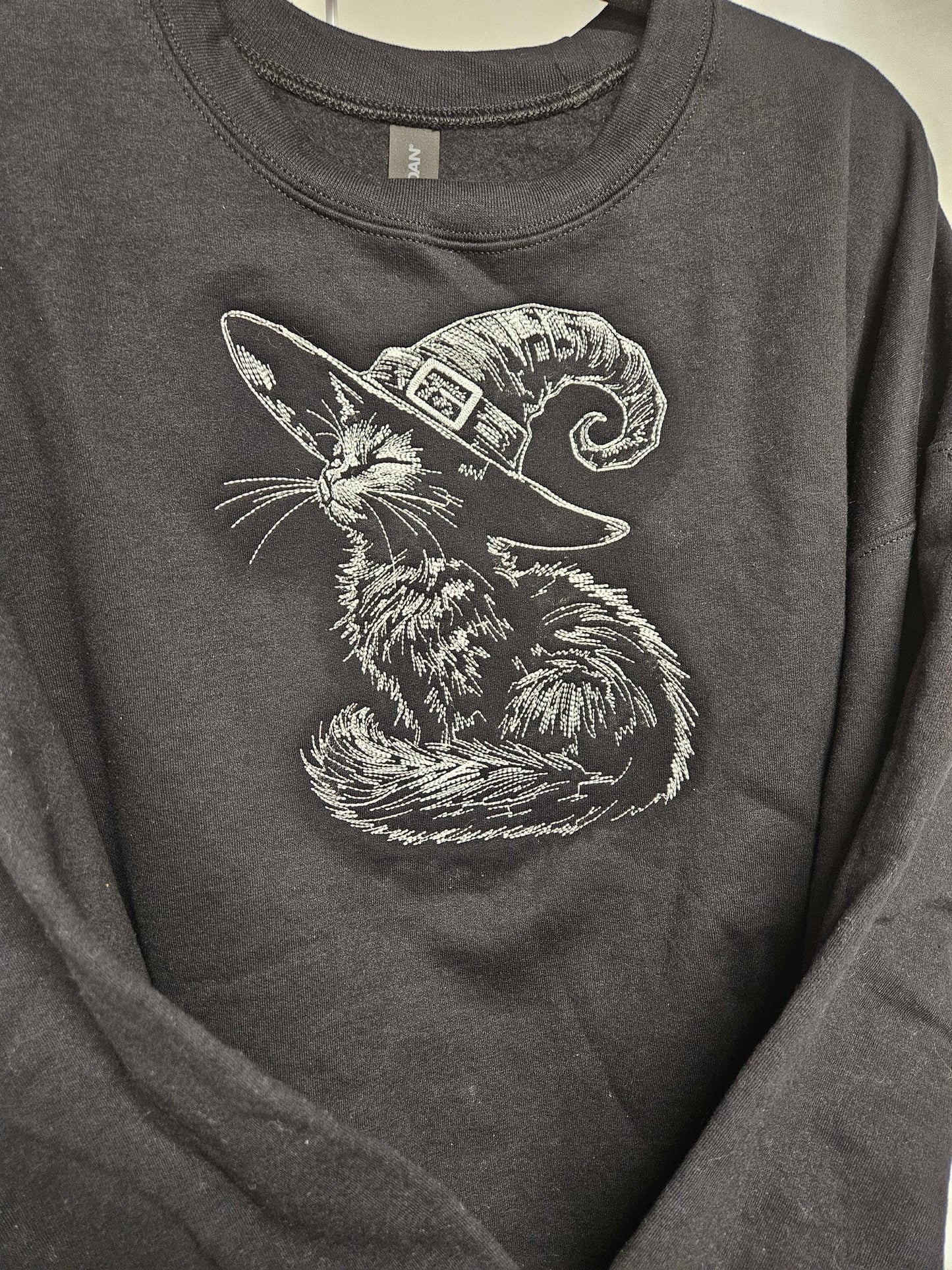 Black Cat Witch Hat Embroidered Sweatshirt | Sketch Embroidery Crewneck | Halloween Cat Pullover | Gothic Fall Sweatshirt
