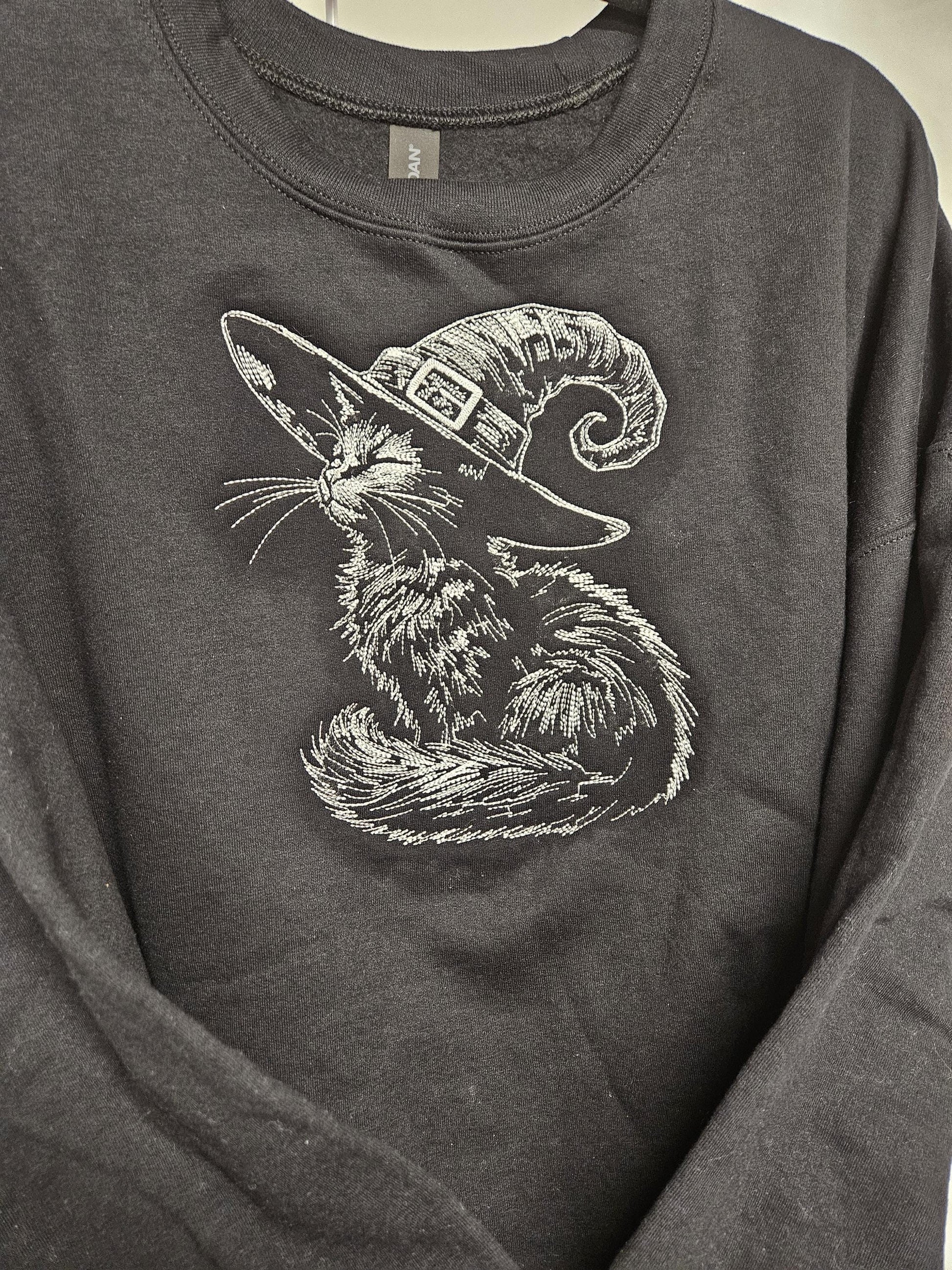 Black Cat Witch Hat Embroidered Sweatshirt | Sketch Embroidery Crewneck | Halloween Cat Pullover | Gothic Fall Sweatshirt