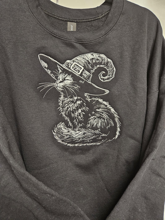 Black Cat Witch Hat Embroidered Sweatshirt | Sketch Embroidery Crewneck | Halloween Cat Pullover | Gothic Fall Sweatshirt